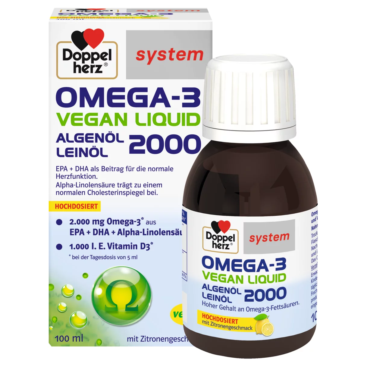 Abbildung der Produktverpackung Doppelherz system OMEGA-3 VEGAN LIQUID 2000 Frontansicht